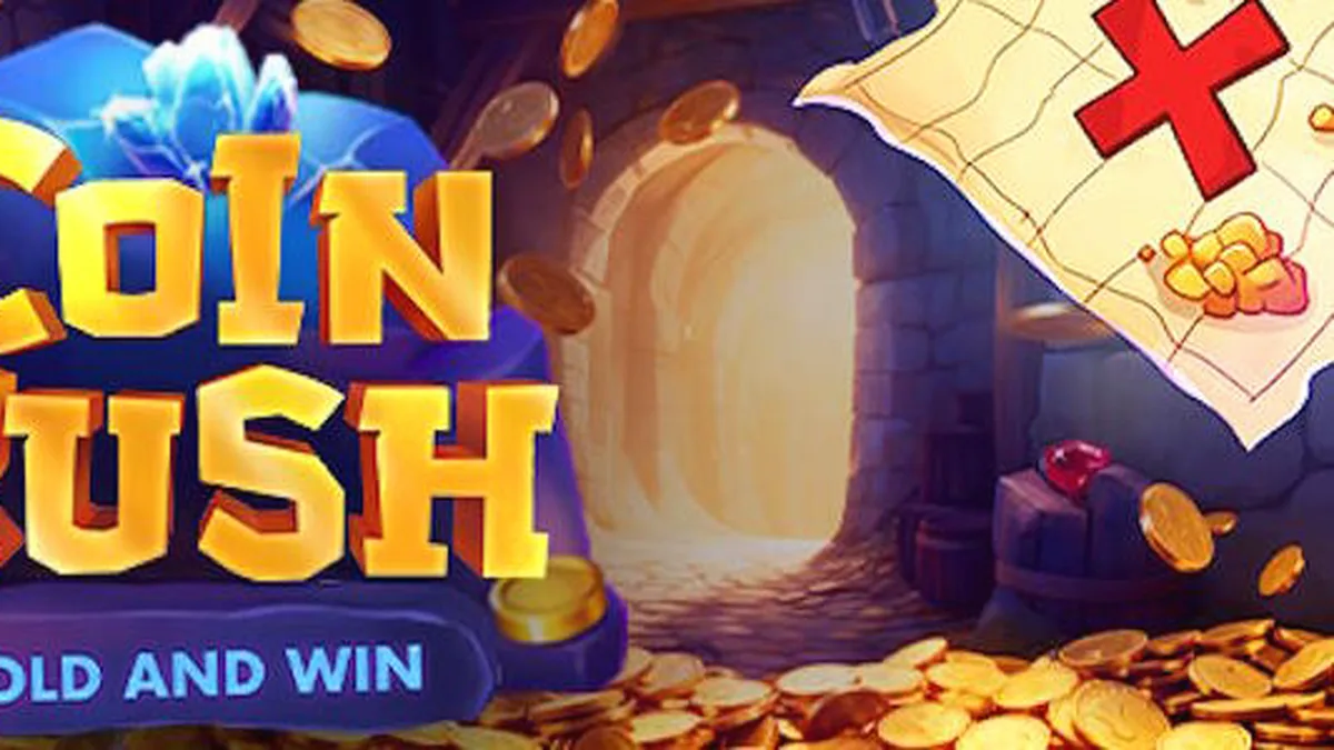 Interface de jogo do slot Coin Rush com tema de moedas e carrinhos de coleta